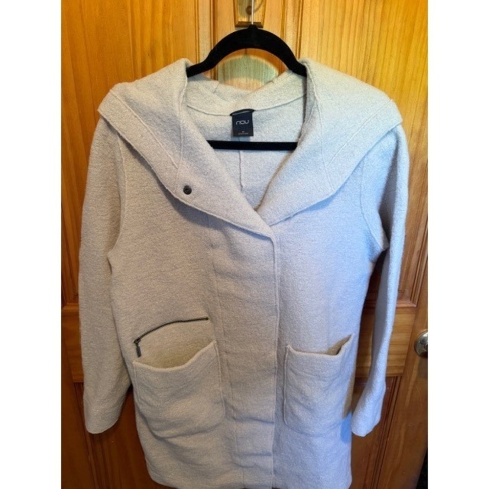 Nau Womens Boiled Wool Hooded Coat Oatmeal Heather Gray Snap Front Jacket Medium